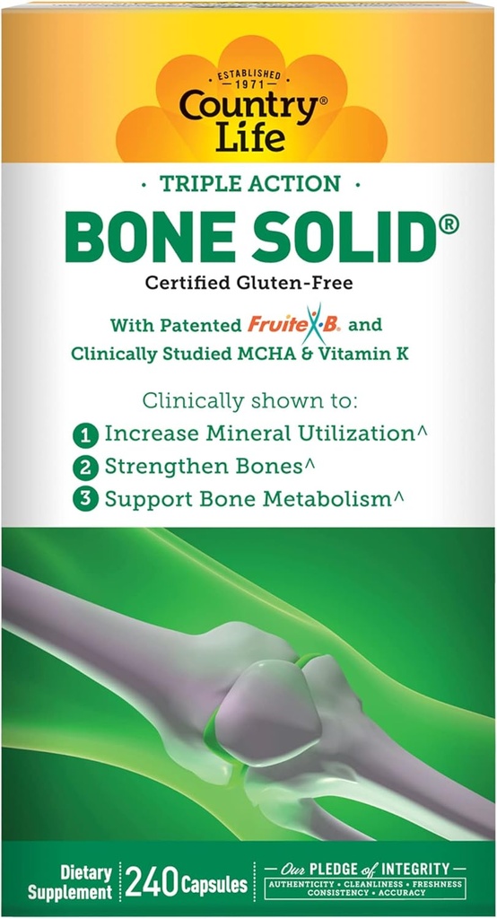 Country Life Bone Solid - Bone Health Supplement with Microcrystalline Hydroxyapatite (MCHA), Calcium, Magnesium, Zinc, Vitamins K2 &amp; D3 for Enhanced Bone Strength & Metabolism - 240 cápsulas