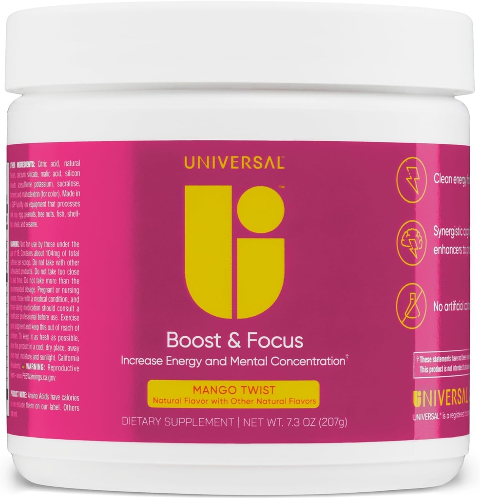 Universal U Boost " Focus Powder, Increase Energy and Cognitive Performance, Pre Workout, Custom Dosing, VIT B12, Niacin, Choline, L-Tyrosine, No Artificial Flavors, 30 Servings (Mango Twist)