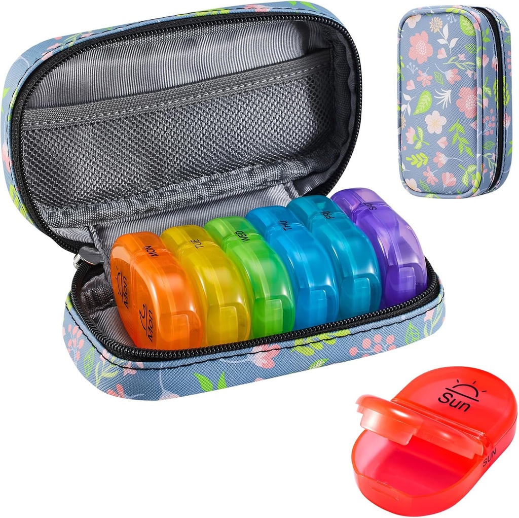 Serfeymi Organizador semanal de píldoras de viaje 2 veces al día AM Upgraded Rainbow Pill Box 7 Day with Portable Zipper PU Leather Pill Case, Medicine Organizer for Pills, Vitamins, Fish Oils - Floral 02