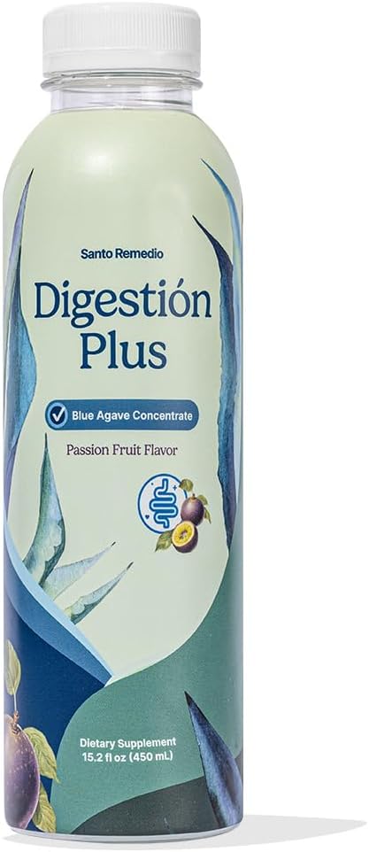 Santo Remedio Digestión Plus, Bebida de Agave Azul Concentrada, 30 Servimientos, Flavor de Pasión, Vegan, Libre de Gluten, No Añadido Azúcar