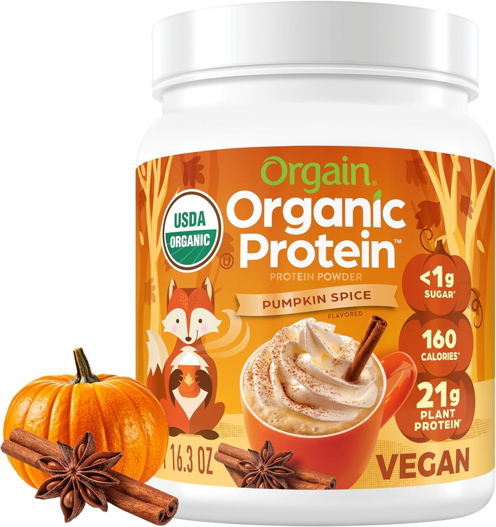 Orgain Orgain Pólvora Proteína orgánica, Pumpkin Spice sabor estacional - 21g de Proteína vegetal, 5g Fibra Prebiótica, No Ingredientes Lactosa, No Sugar Añadido, No OGM, Para Shakes &amp; Smoothies, 1.02 lb
