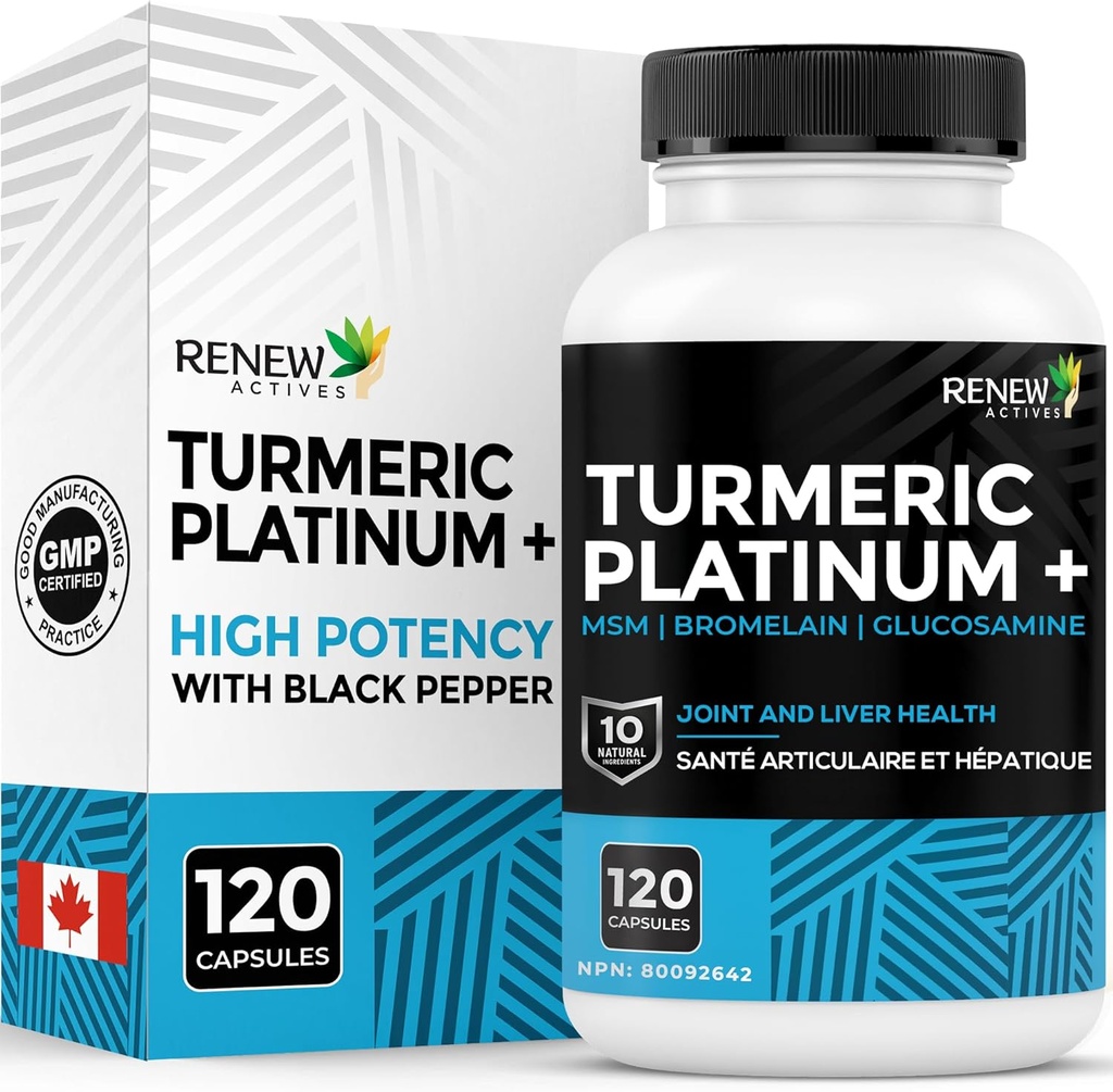Renew Actives Turmeric Platinum 1350MG per 3 Capsules with Black Pepper & Ginger – Antioxidant, Liver " Digestive Support – Reduce la inflamación " Boosts Immunity – Made in Canada – 120 Capsules