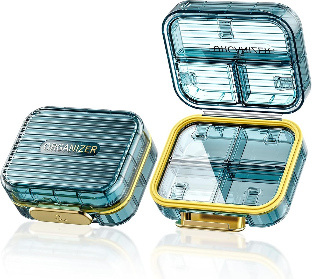Caja pequeña de la pila, caja de la pila de viaje, contenedor diario de la píldora Acedada para el bolsillo de la proa, resistente a la humedad 7 elementos de la mantilla de la píldora, medicina portable deliciosa vitamina organizador para suplementos aceites de pescado, azul