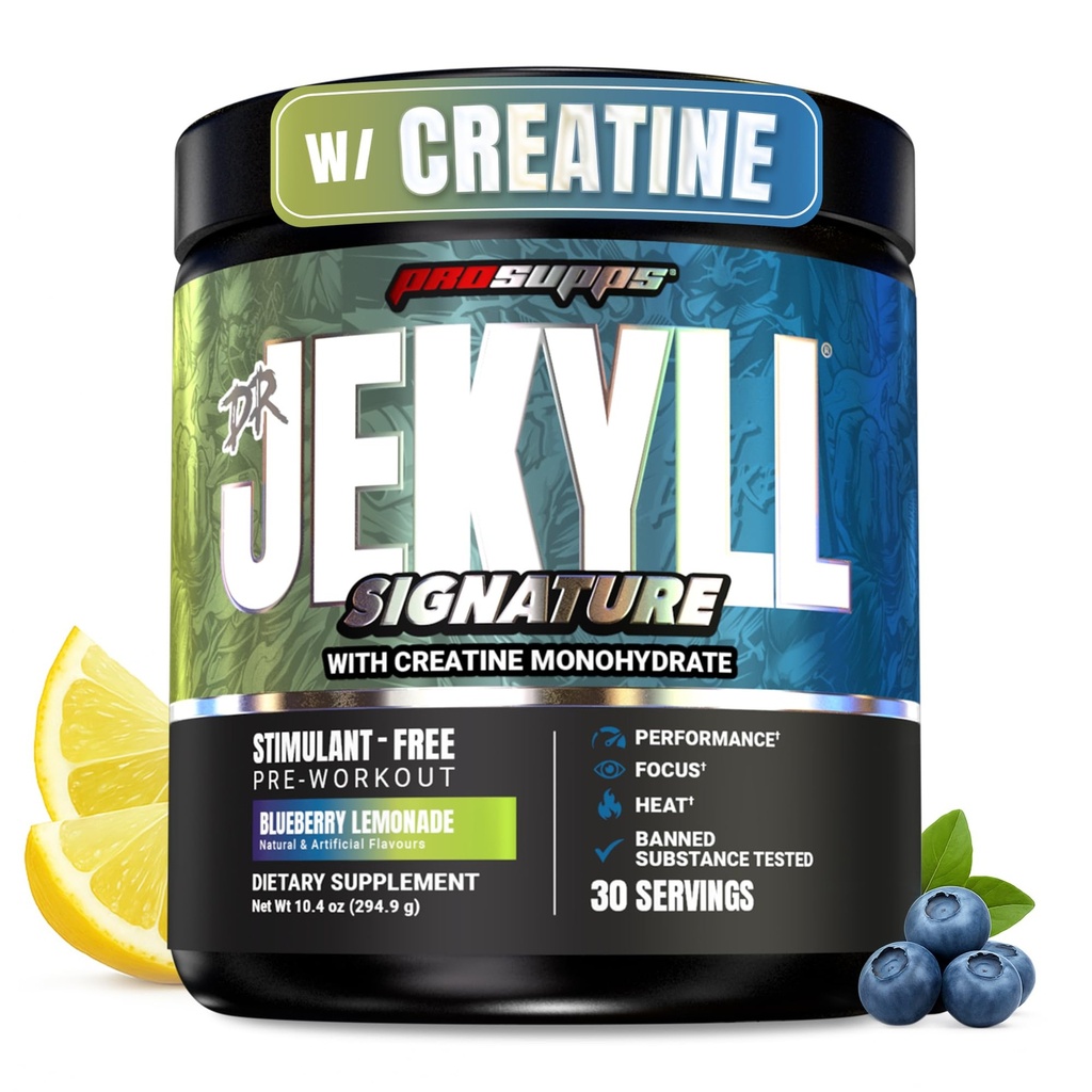 PROSUPPS Dr. Jekyll Signature Pre Workout Powder with Creatine - Stim-Free Preworkout Supports Focus &amp; Endurance - Suplementos de gimnasia sin cafeína (Blueberry Lemonade, 30 Servings)