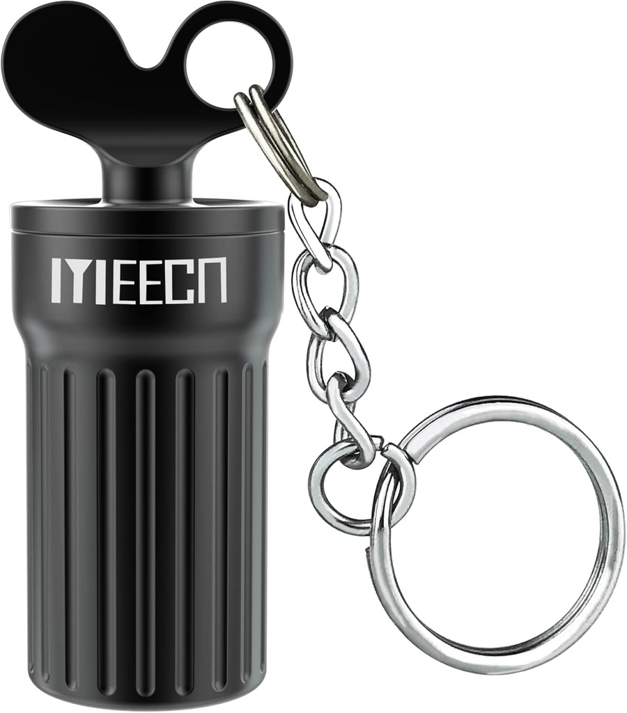 Mini Keychain Pill Holder Waterproof Pill Container Portable Pill Box Decorative Pill Case Aluminum Alloy Pill Organizer- 0.8x0.8x2 Inches (Black)