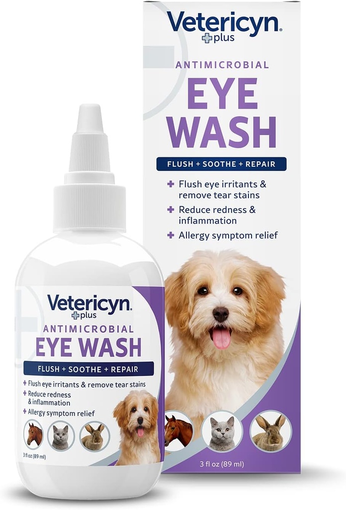 Vetericyn Plus Perro y ojo de gato Lavado Silencioso Ojo gotas para perros y gatos para inundar y calmar las irritaciones del ojo, el limpiador de manteca de perro, seguro para todos los animales. 3 onzas