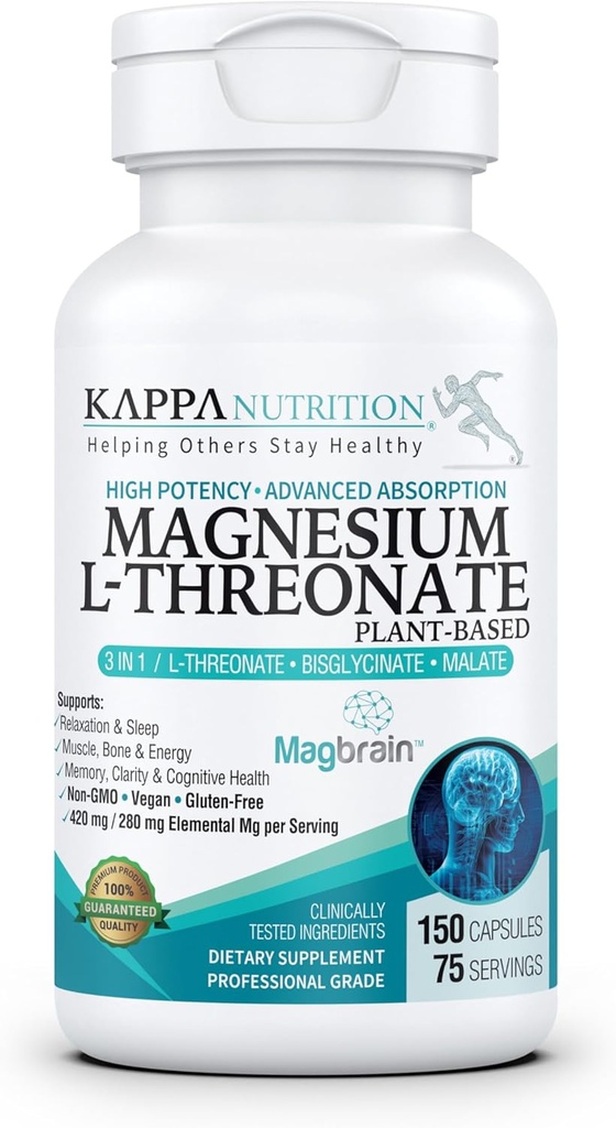 Kappa Nutrition Powered by MagbrainTM Magnesium L-Threonate Plant-Based, 420mg Elemental Magnesium (3 cápsulas) de 2.253mg, 150 cápsulas Vegan, Brain, Sleep &amp; Muscle Support.