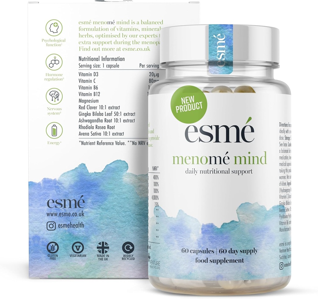 esmé menomé Mind - Soporte nutricional diario Antes, Durante y Después de la menopausia - Dos meses de suministro de 60 cápsulas, Contain ashwagandha y Gingko biloba