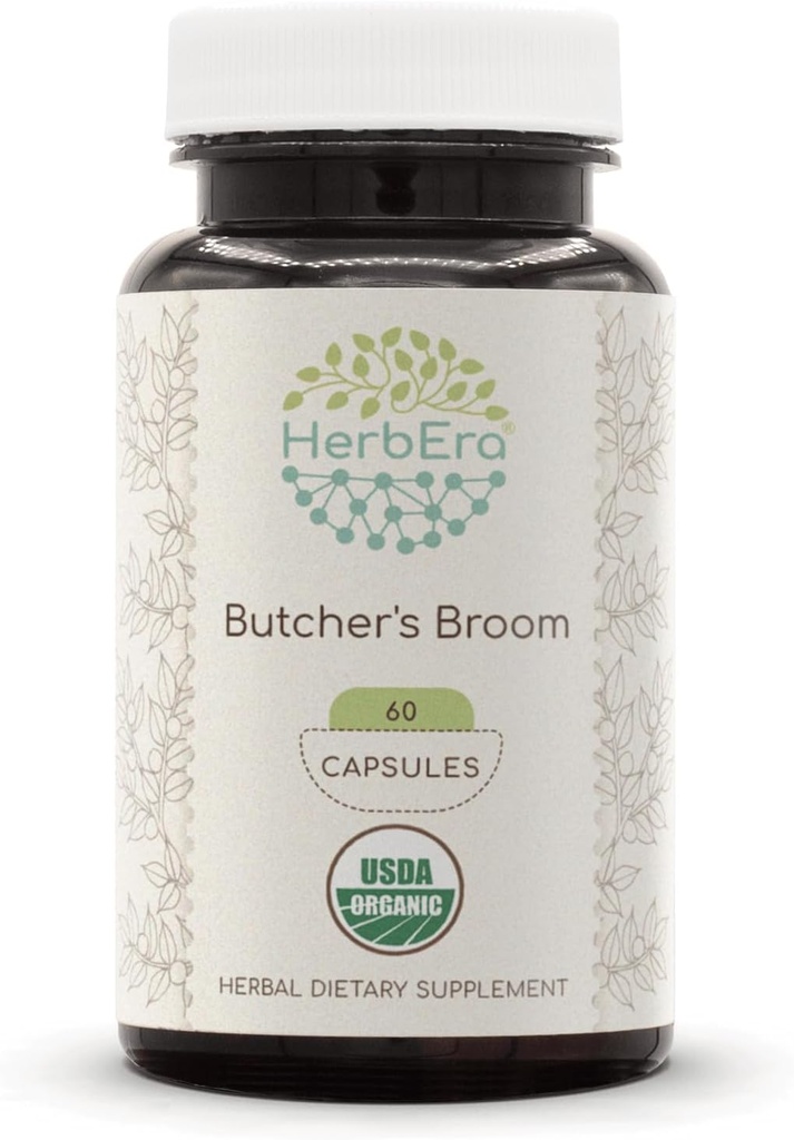 HerbEra Butcher's Broom USDA Organic 60 Capsules ← Natural Herbal Suplemento Silencio Certified Organic Vegetarian Capsules and Organic Butcher's Broom (Ruscus aculeatus) Dried Root (60 cápsulas)