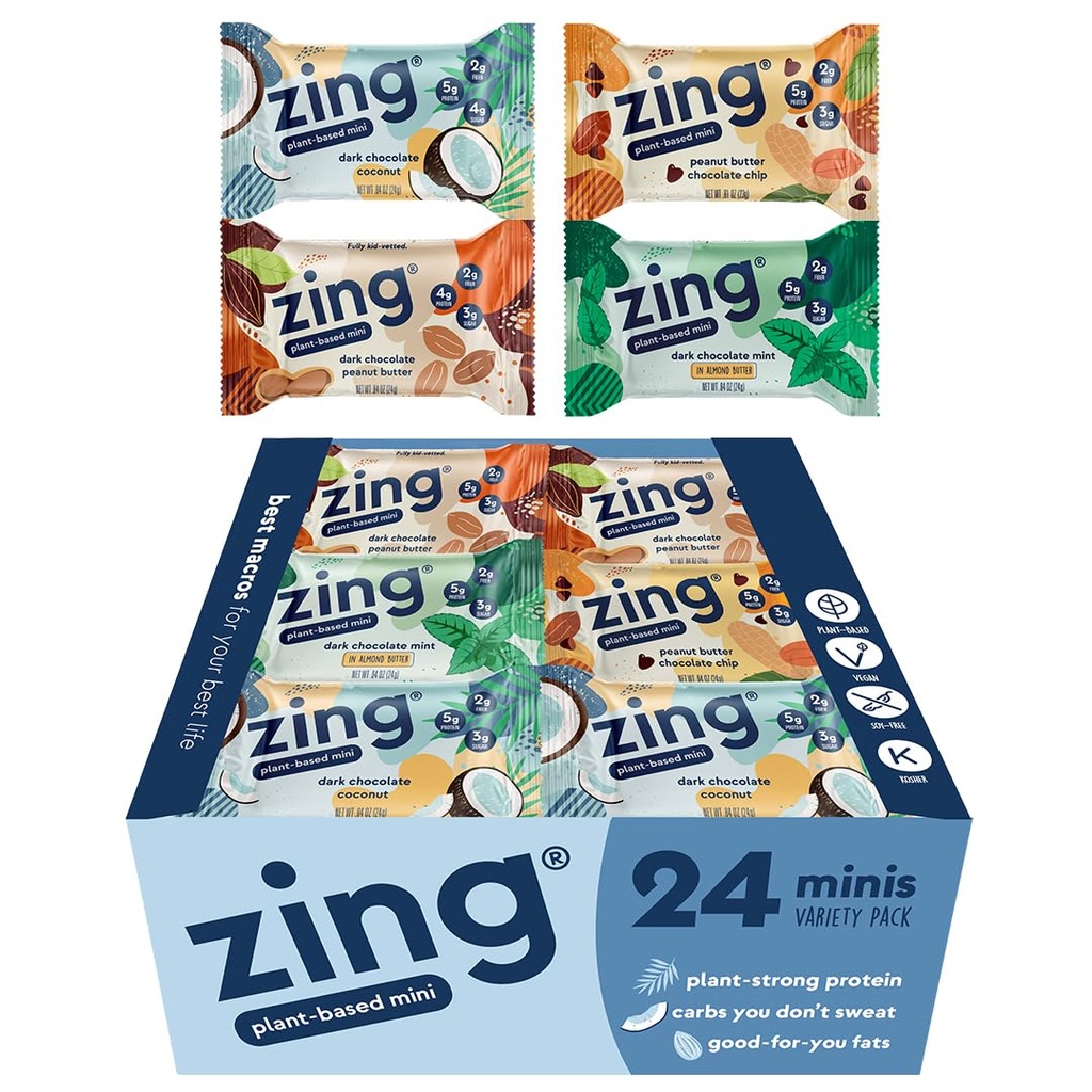 Zing Kids Protein Bares Variedad Pack, Gluten Gratis 100 Calorie Mini Bares con Alta Proteína, Bares de Nutrición Vegan, Proteína con Planta Libre Dairy - 24 cuentan