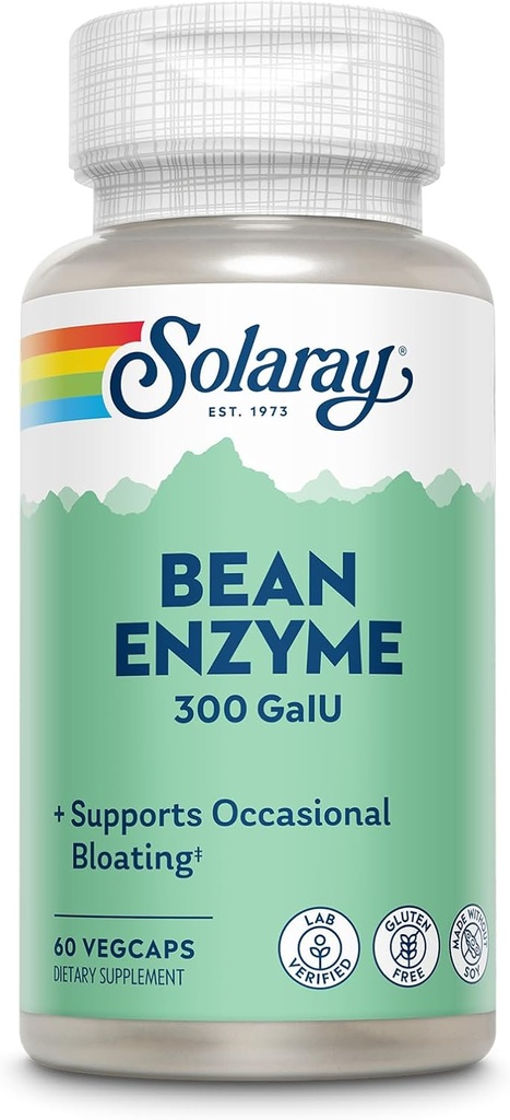 SOLARAY Bean Enzyme 300 GalU - Alpha Galactosidase Enzymes Digestivos para Mujeres y Hombres - Suplemento de Salud Digestiva - Apoyos Bloating Occasional y Gas Relief para Adultos - 60 Servimientos, 60 VegCaps
