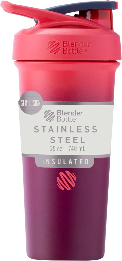BlenderBottle Sport Sleek Insulated Stainless Steel Shaker Bottle with Wire Whisk, 25-Ounce, Sangria Ombre – Protein Shakes & Hydration for Athletes & Fitness Enthusiasts, Easy Mixing, Slim Easy to Hold, Keeps Drinks Cold, Lockable Lid