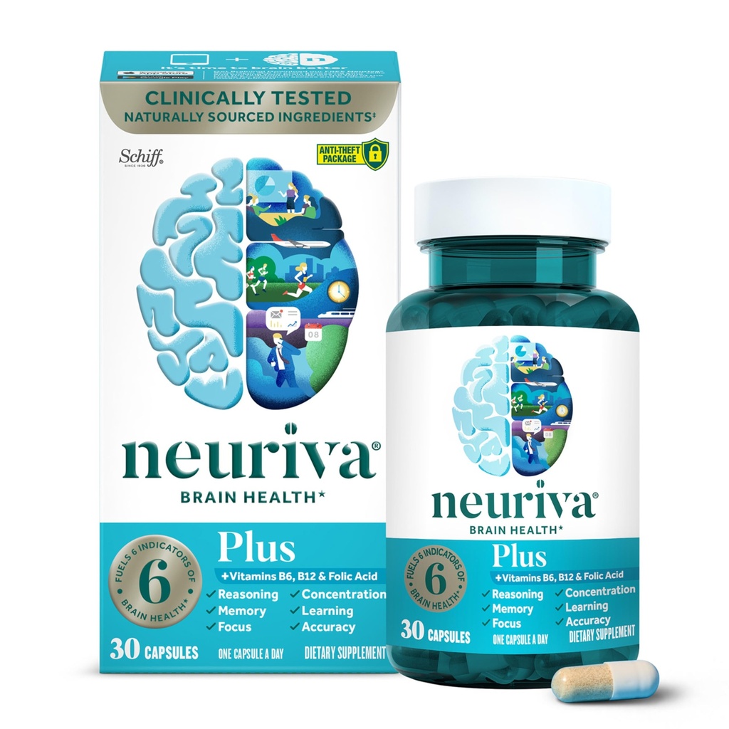 NEURIVA Plus Suplemento cerebral para la memoria y el foco Nootropía clínicamente probada para la concentración de la claridad mental, vitaminas de mejora cognitiva B6, B12, fosfatilserina 30 cápsulas