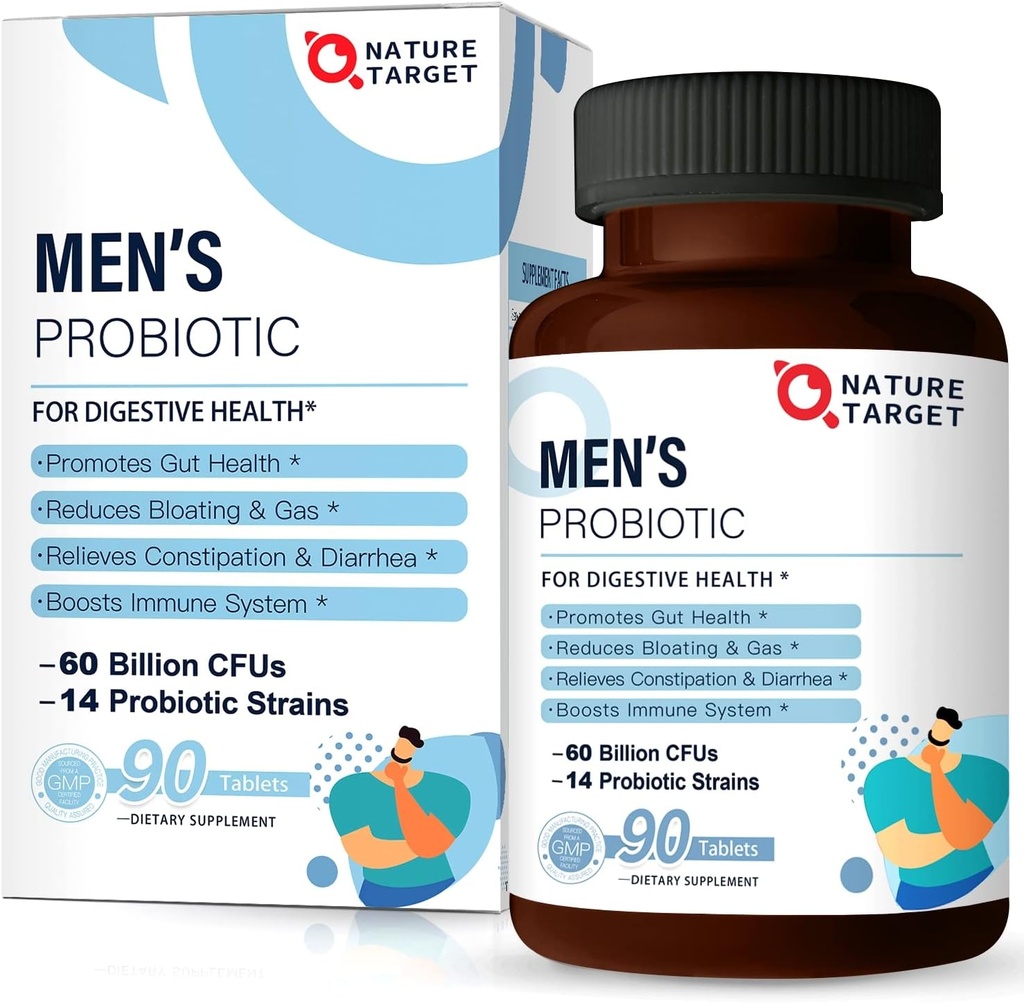 NATURE TARGET Probiotics for Men with Men Care Supplement, Prebiotics " Probiotic for Men's Digestive and Immune Health,60 Billion CFUs " 14 Strains Shelf Stable, Gluten &amp; Soy Free (90 Tablets)