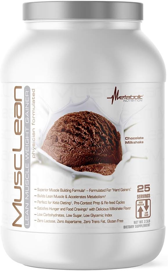 Nutrición metabólica - Musclean - Milkshake, Whey High Protein Meal Replacement, Mantenimiento Nutrición, Baja Carb, Keto Diet, Enzimas digestivas, Chocolate, 2,5 libras (25 ser)