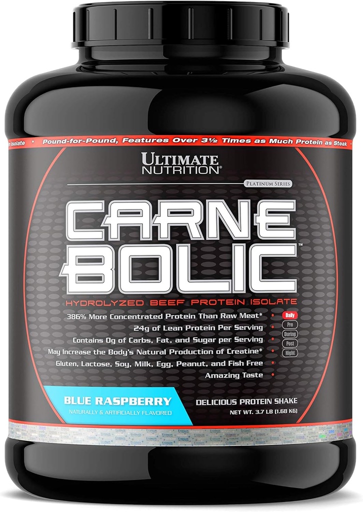 Ultimate Nutrition Carnebolic Hidrolyzed Beef Protein Isolate Powder-Paleo y Keto Friendly-Zero Carbs, Zero Fat, Zero Sugar o Soy, Gluten y Lactose-Free, Blue Raspberry, 60 Servings