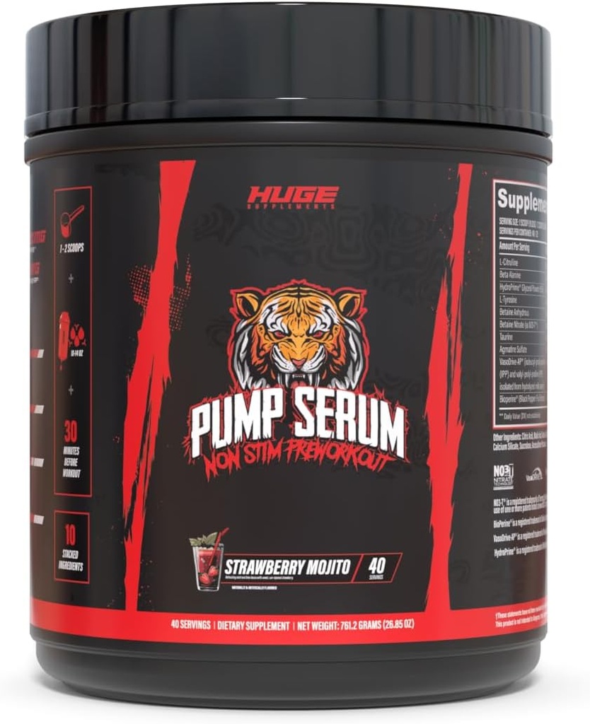 Huge Supplements Pump Serum, Stim Free Pre Workout and Nitric Oxide Booster to Enhance Focus, Pumps, Fulness with No Caffeine, L-Citrulline, GlycerPump, L-Tyrosine, Nitrosigine (Strawberry Mojito)