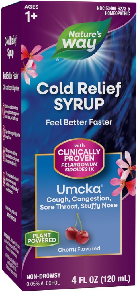 Camino de la Naturaleza Cold Relief Syrup, Umcka, Shortens Duración " Reduce la Severidad, Multi-Symptom Cold Relief, Homeopático, Phenylephrine Free, Non-Drowsy, Cherry Flavored, 4 Fl Oz (Packaging May Vary)