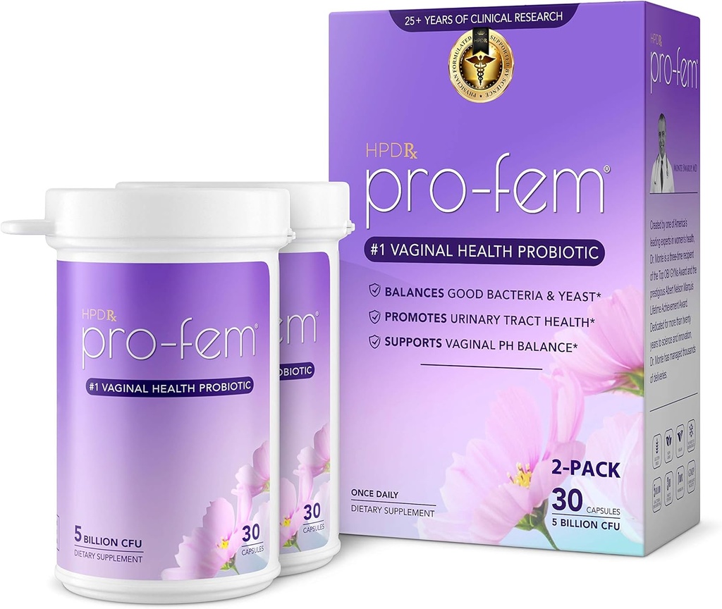 HPD Rx Pro-Fem #1 Vaginal Health Probiotic | Vaginal Probiotics | Clinically Proven to Promote Yeast & PH Balance, Urinary Tract Health | Feminine Probiotics | Works in 7 Days | 30 Capsules | 2-Pack