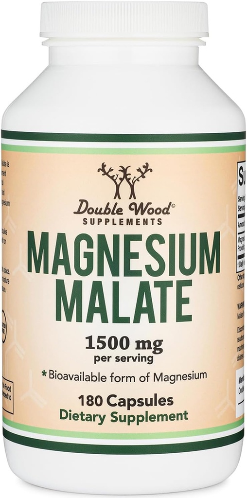 Magnesium Malate Capsules (180 Conde) - 1.500mg Por Serving (Magnesium Bonded to Malic Acid), Third Party Tested, Vegan Friendly, Gluten Free by Double Wood Supplements