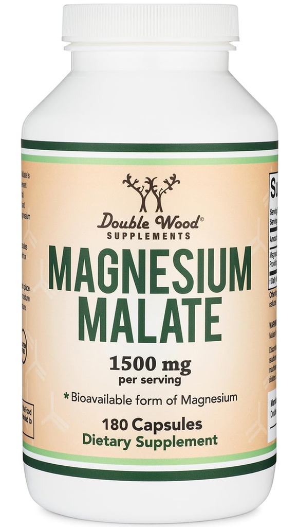Magnesium Malate Capsules (180 Conde) - 1.500mg Por Serving (Magnesium Bonded to Malic Acid), Third Party Tested, Vegan Friendly, Gluten Free by Double Wood Supplements