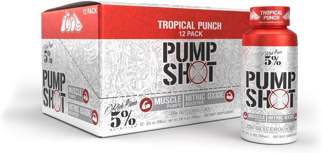 5% Nutrition Rich Piana Pump Shot Liquid Glycerol Nitric Oxide Booster, Stim Free Pre Workout | 20,000 mg with S7 | Pumps, Hydration | Fruit Punch Flavor (12 Pack Caddy)