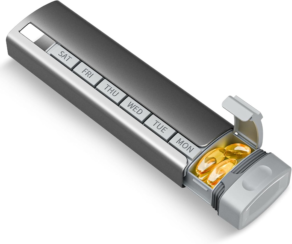 Organizador de píldoras de viaje semanal, 1 hora al día ,Aleación de aluminio Premium de actualización Caja de píldoras diarias 7 días, caja de plumas metálicas portátiles, cargador de píldoras lindo para mantener vitaminas, medicamentos, píldoras, suplementos (griego)