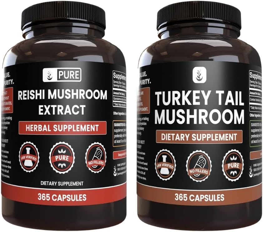 PURE ORIGINAL INGREDIENTES Reishi Mushroom &amp; Turquía Tail Mushroom Capsule Bundle (365 cápsulas), Siempre puro, sin aditivos ni artillerías