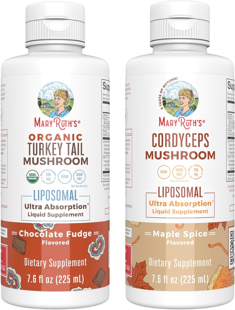 MaryRuth Organics Mushroom Liposomals: Turquía Tail (Chocolate Fudge) & Cordyceps (Maple Spice) ← Clean Label Project Verified® ← Immunity, Energy, " Global Health Silencio, Non-GMO, Gluten Free