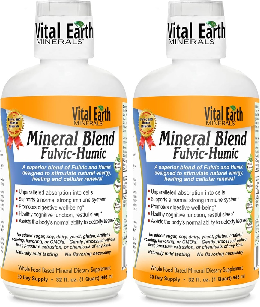 Vital Earth Minerals Fulvic Humic Mineral Blend Liquid 2-Pack – Suplemento Ácido Fulvic con 70+ Minerales Trace, Electrolitos para la recuperación, Balance &amp; Energía, 32 Oz Ea + 1 Oz Cup Ea