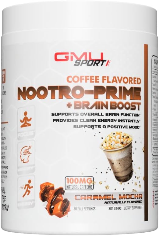 GMU SPORT Nootro-Prime Brain Boost - Focus Brain Supplement - Mushroom Supplement Powder with Alpha GPC, Nootropic Brain Supplements for Memory and Focus with Lions Mane, 30 Servings, Caramel Mocha
