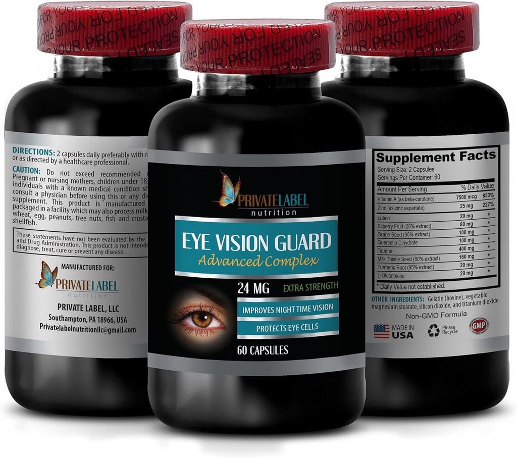 Visión Vitaminas con Lutein - Visión Ocular Guardia 24 MG - Complejo avanzado, Apoyo a la Visión Ojos, Suplementos de Luteina, Suplemento de Vitamina A, Extracto Turmérico, Extracto de Bilberry, Taurina, 1 Bot 60 cápsulas