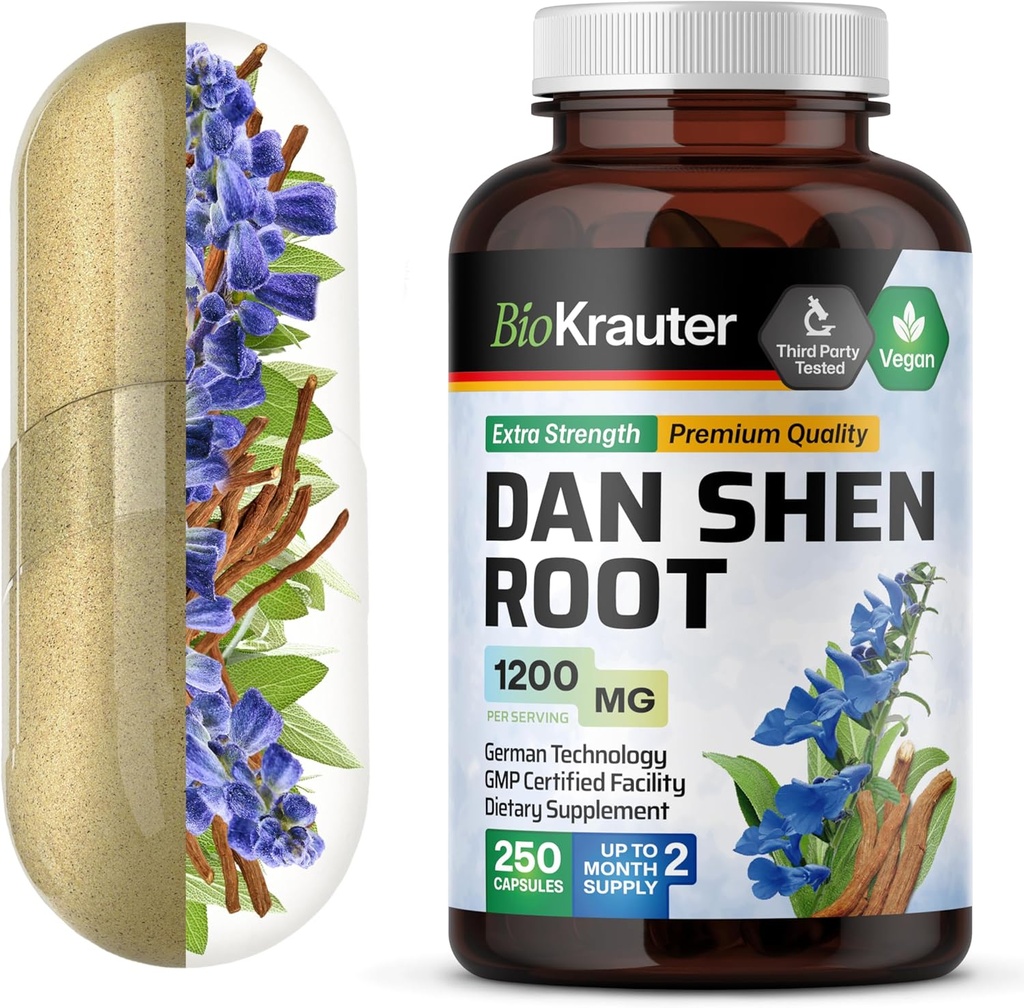 BIO KRAUTER Dan Shen Root Capsules - 1200 mg Strength - 250 cápsulas de salvia roja - Fuente antioxidante - Salvia Miltiorrhiza Root - Vegan