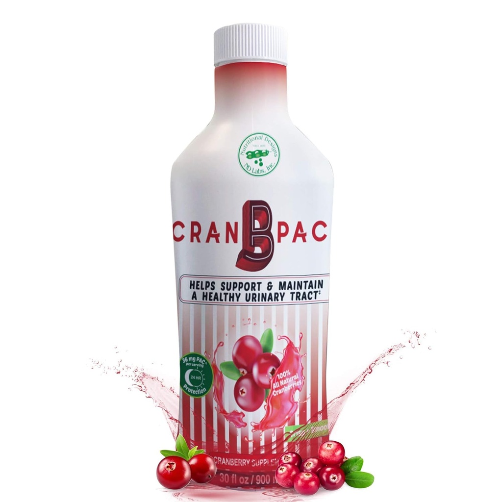 Diseños Nutricionales Suplemento de arándano Cran-B-PAC, Prevención de UTI, Salud de Tracto Urinario para Mujeres Concentrado de Arándano Líquido con Vitaminas, Natural &amp; No GMO, 36 mg PAC Por oz, 30 Oz Botella