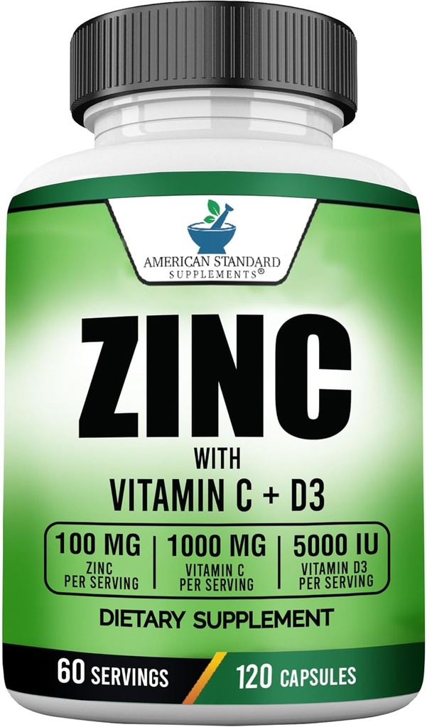 American Standard Supplements Zinc 100mg, Vitamina C 1000mg y Vitamina D3 5000 UI (125mcg) Por Serving - Gluten Free, Non-GMO, 120 Capsules, 60 Servings