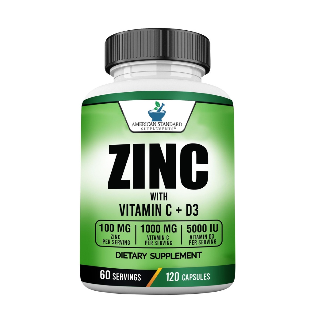 American Standard Supplements Zinc 100mg, Vitamina C 1000mg y Vitamina D3 5000 UI (125mcg) Por Serving - Gluten Free, Non-GMO, 120 Capsules, 60 Servings
