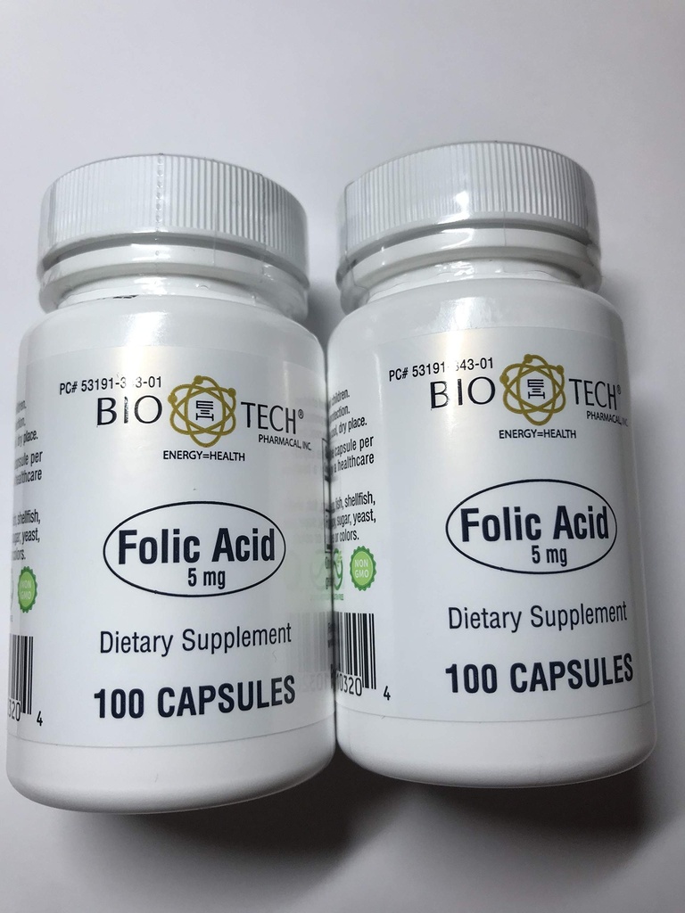 Ácido Fólico 5 mg - BioTech Pharmacal - 100 cápsulas - Pack de 2