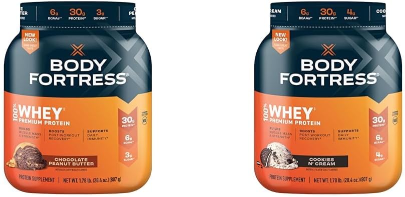 Fortaleza del cuerpo 100% Whey Premium Protein Powder Chocolate mantequilla de maní y cookies N' Cream, 1.78lbs Cada