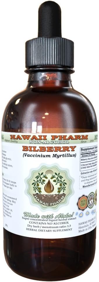 Extracto líquido libre de alcohol de arándanos orgánicos (Vaccinium myrtillus) Hoja seca Glycerite Hawaii Pharm Natural Herbal Suplemento 2 oz