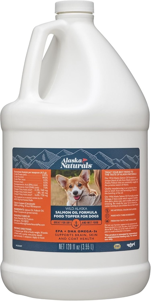 Aceite de pescado de salmón salvaje de Alaska para perros Skin and Coat – EPA + DHA Omega 3 Aceite - ácidos grasos Suplementos de perros - Modo de apoyo La carne y la salud cerebral - Natural Liquid Food Topper para mascotas - 120 oz.