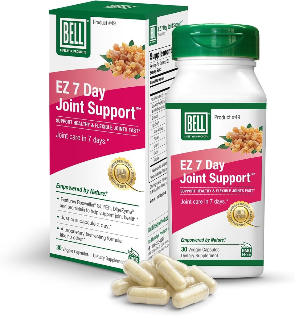 Bell EZ 7 Day Joint Support TM -Fast-Acting, Once-Daily Joint Health Supplement – Helps Relieve Knee Pain, Swelling &amp; Supports Muscle Recovery – Vegan – 30 cápsulas