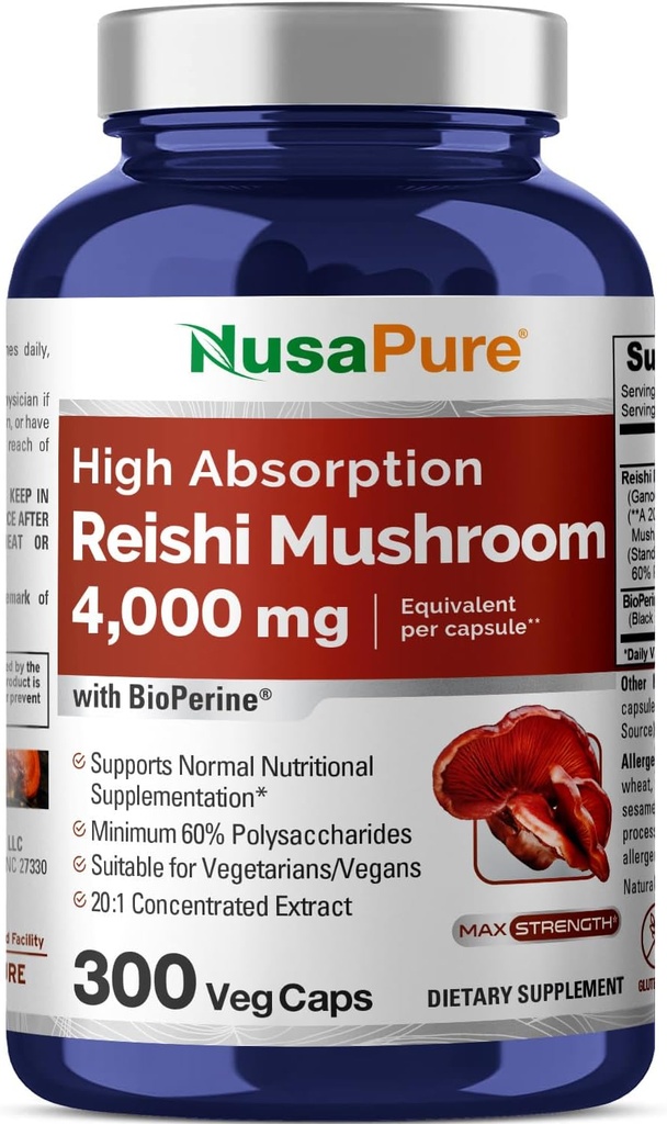 NusaPure Reishi Mushroom Extracto 20:1 Extracto, 200 mg Equivalente a 4000 mg por cápsula 300 Veggie Caps Vegan, No GMO, Vegan