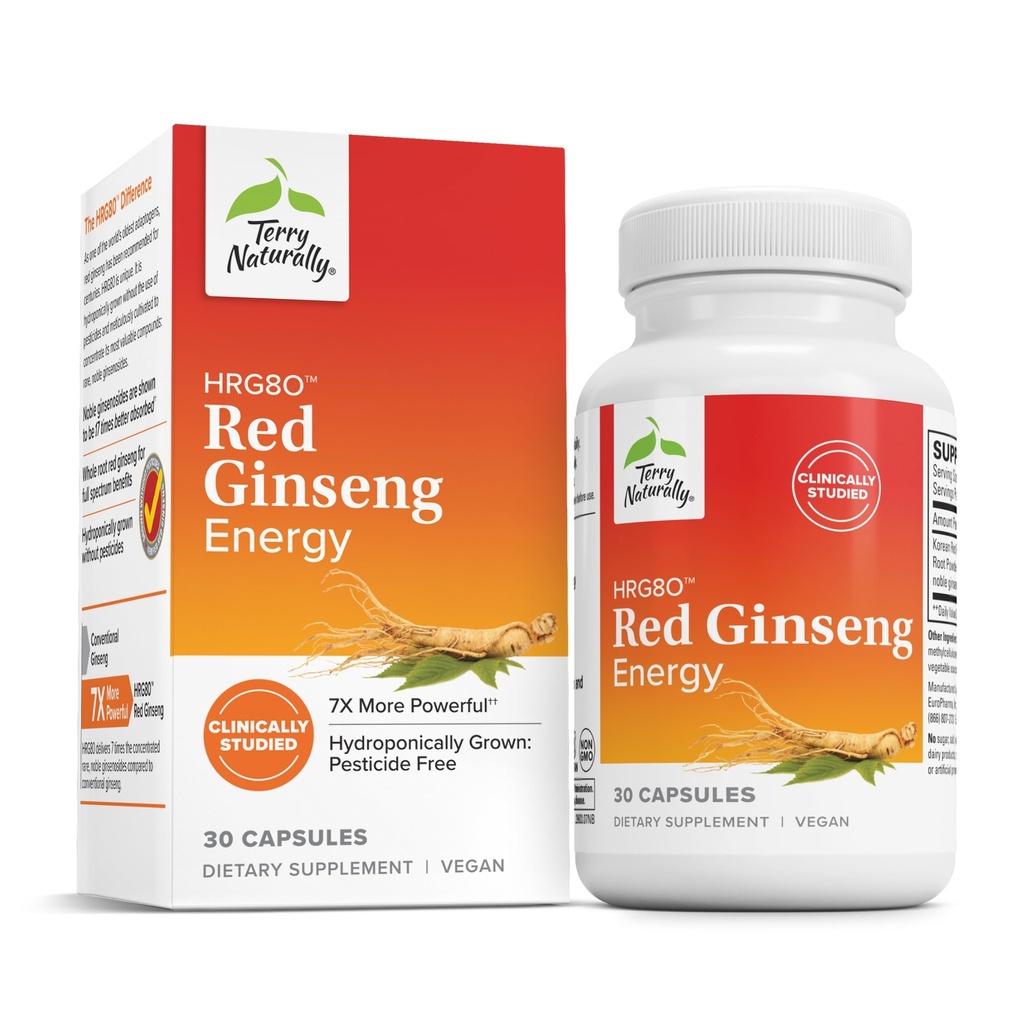 Terry Naturalmente HRG80 Red Ginseng Energy - Suplemento para apoyar la energía saludable & Focus - Suplemento herbal con coreano Red Ginseng Root Powder - Tablas Vegan para ayudar resistencia saludable - 30 cápsulas