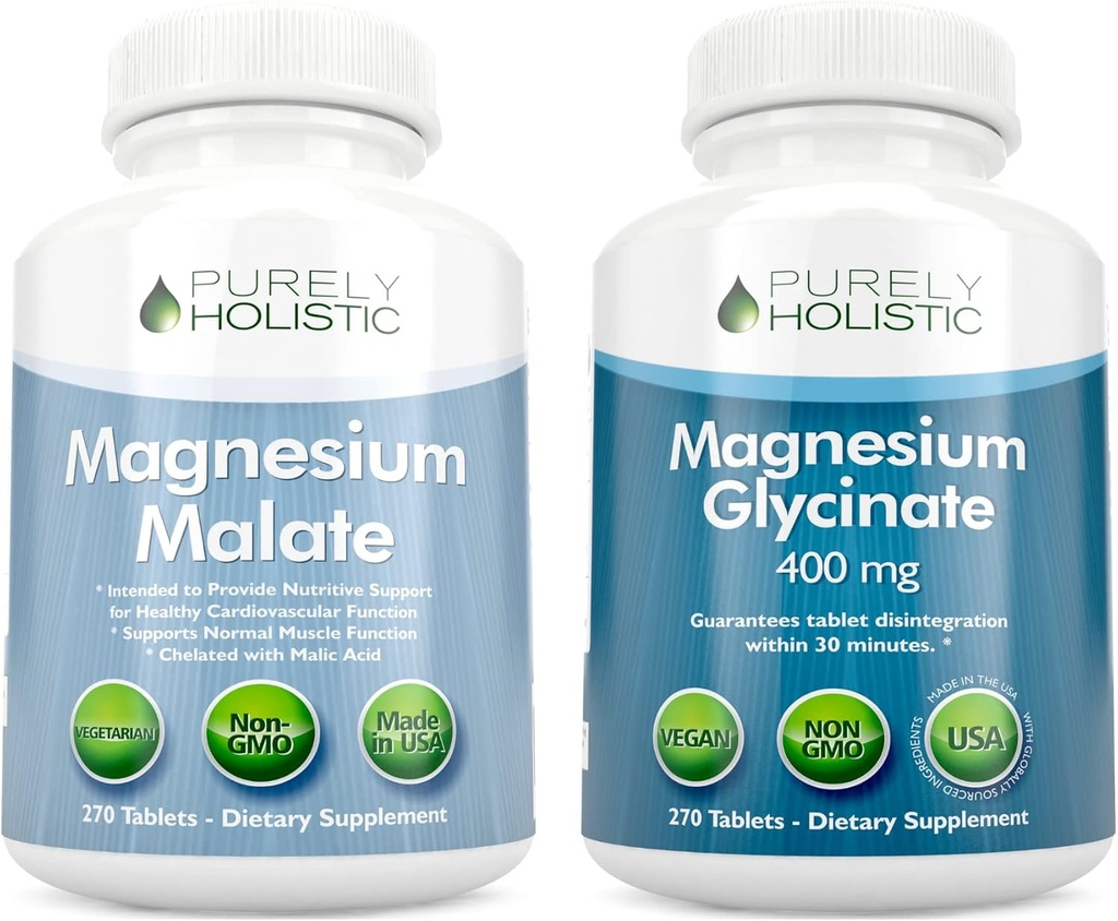 Magnesium Malate 400mg + Magnesium Glycinate 400mg - Alta Absorción & Highly Bioavailable Bundle - 270 + 270 Vegetarian Tablets