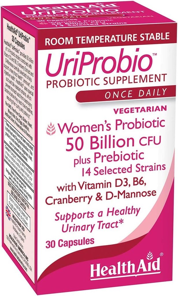 HealthAid UriProbio – 50 Billion CFU Probiótico femenino con Prebiótico, Arándano, D-Mannose, Vitamina D3 &amp; B6 Silenciosos Urinary Tract " Digestive Wellness, Acid " Bile Resistant, Vegan