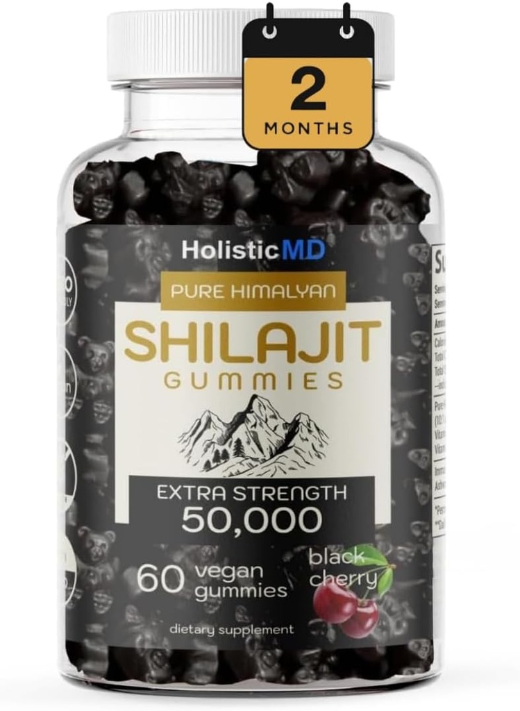 Shilajit Gummies for Men Women Pure Himalayian Extra Strenght 50,000 Resin for Metabolism Support Ashwagandha Siberian Chaga | 2 Months Supply Vegan Keto Friendly Cherry 60 Gummies