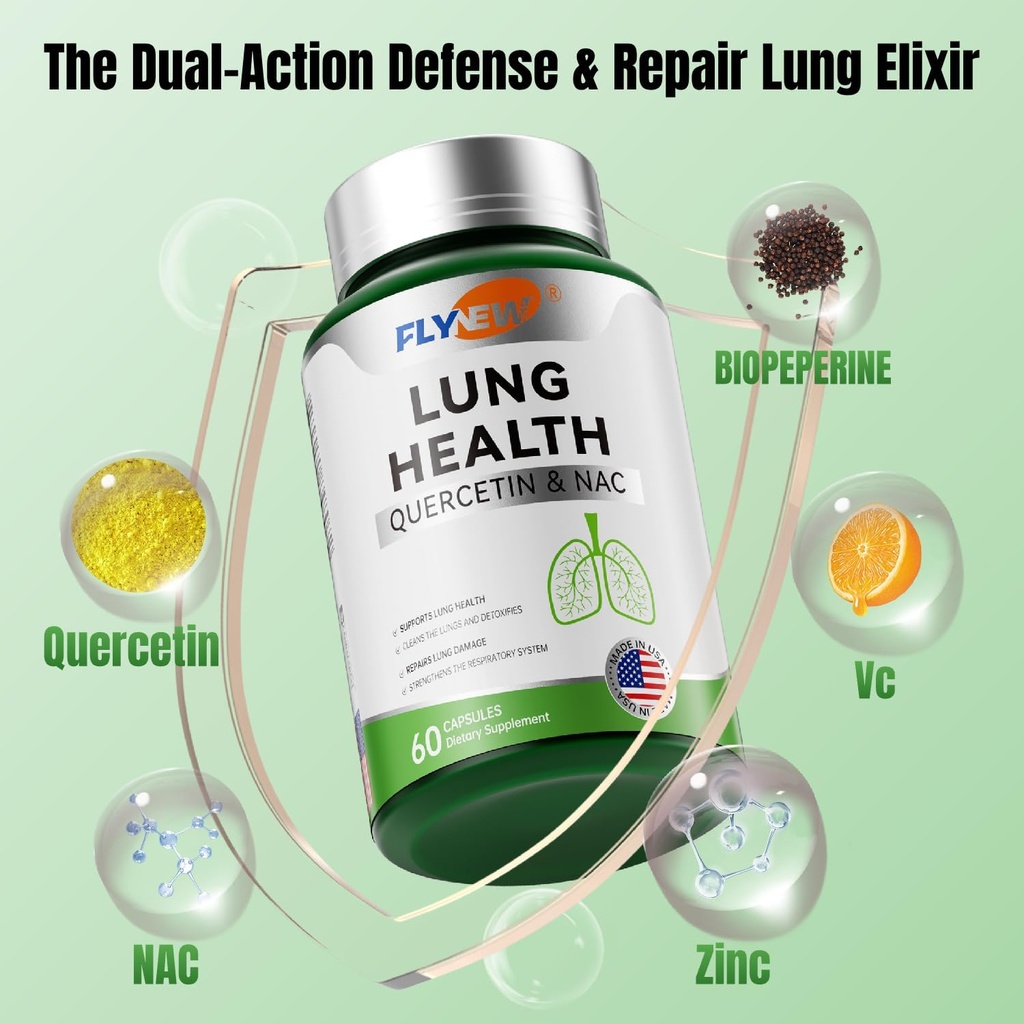 Lung Health, Herbal Quercetin limitada NAC, Breathe Support, Lung Cleanse, Vitamina C, Zinc, GMP, Made in USA 60 Capsules
