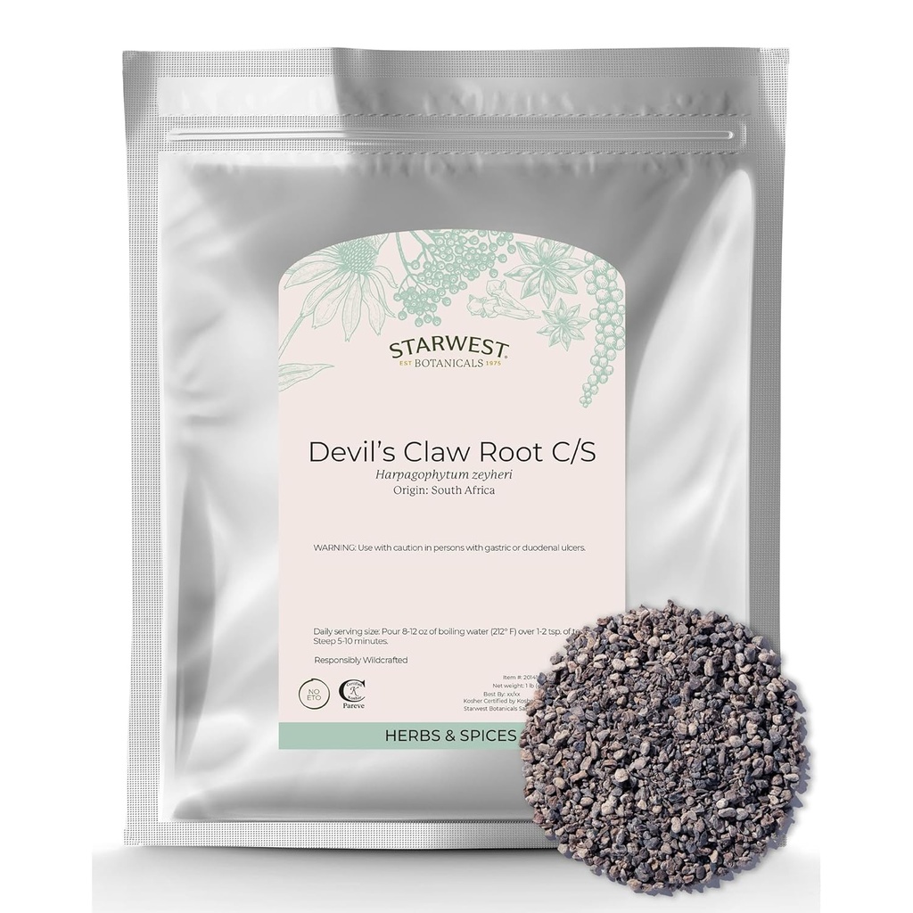 Starwest Botanicals Devil's Claw Root - Dried Herb for Tea & Natural Herbal Blends, Pure Devil's Claw Root, Cut &amp; Sifted, Wildcrafted, Certified Kosher - Bulk 1 lb Bag
