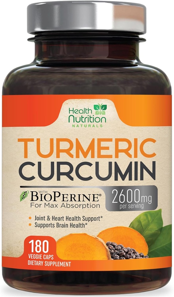Curcumin Turmeric Suplemento 2600mg - 95% Curcuminoides con Turmeric Orgánica " BioPerine Black Pepper for Best Absorption, Nature's Vegan Joint Support, Non-GMO Tumeric, Bottled in USA - 180 Capsules