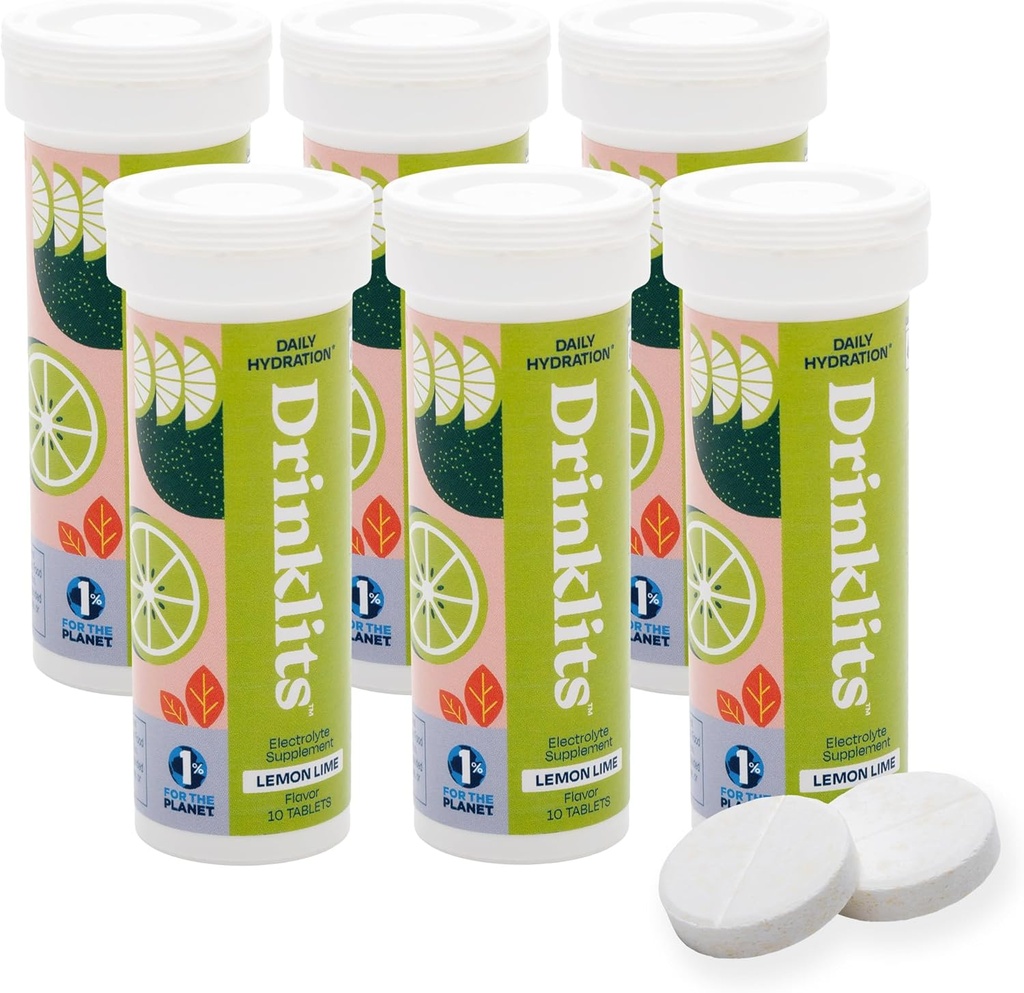 Drinklits Lemon Lime Electrolyte Fizzy Hydration Tablets (6) Tube Bundle | 0g Sugar - Natural Sports Drink - Essential Electrolytes | 60 Servings - 10 Tablets Per Tube